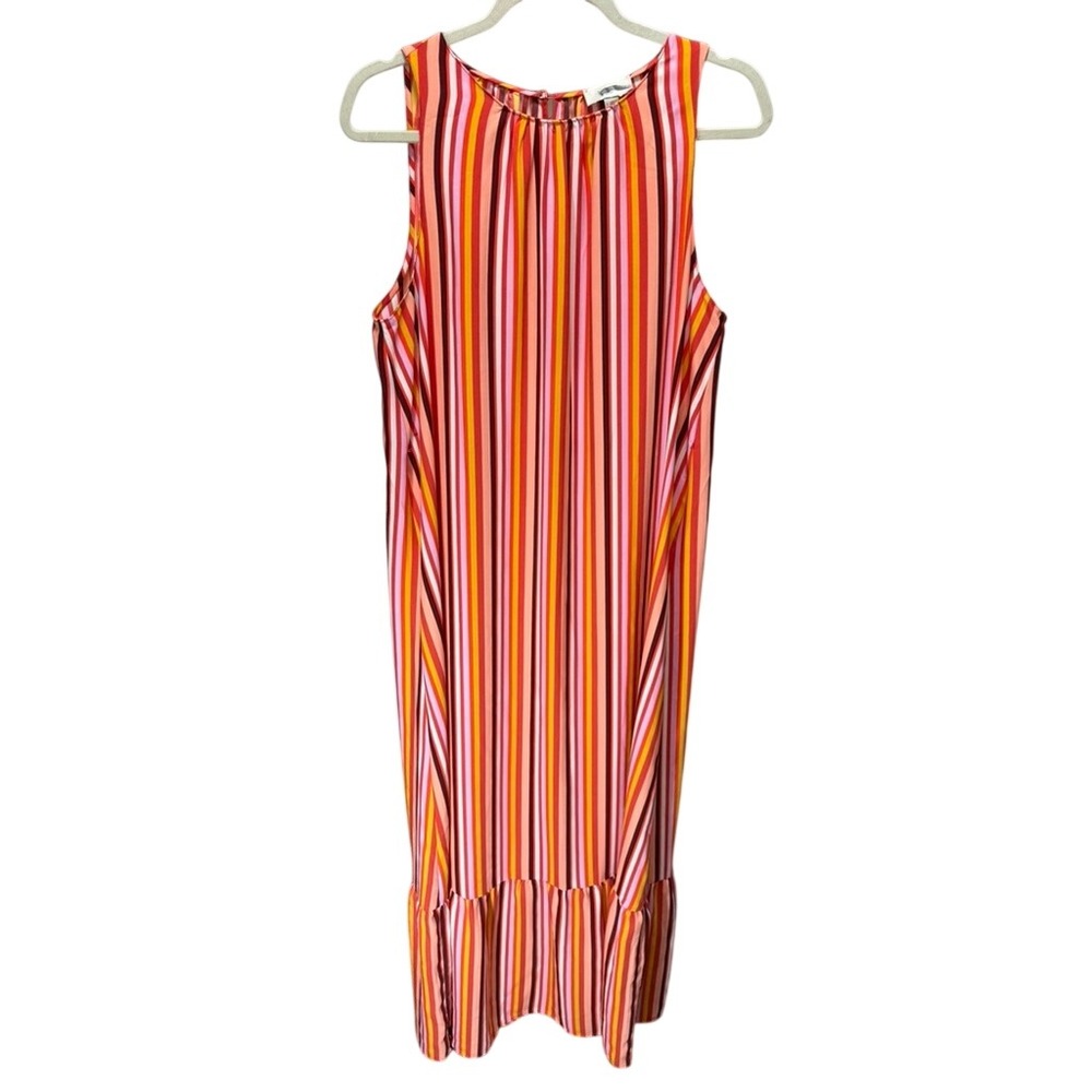 Loft Outlet Maxi Dress Size L Pink Orange Striped Sleeveless Ruffle Hem Vacation